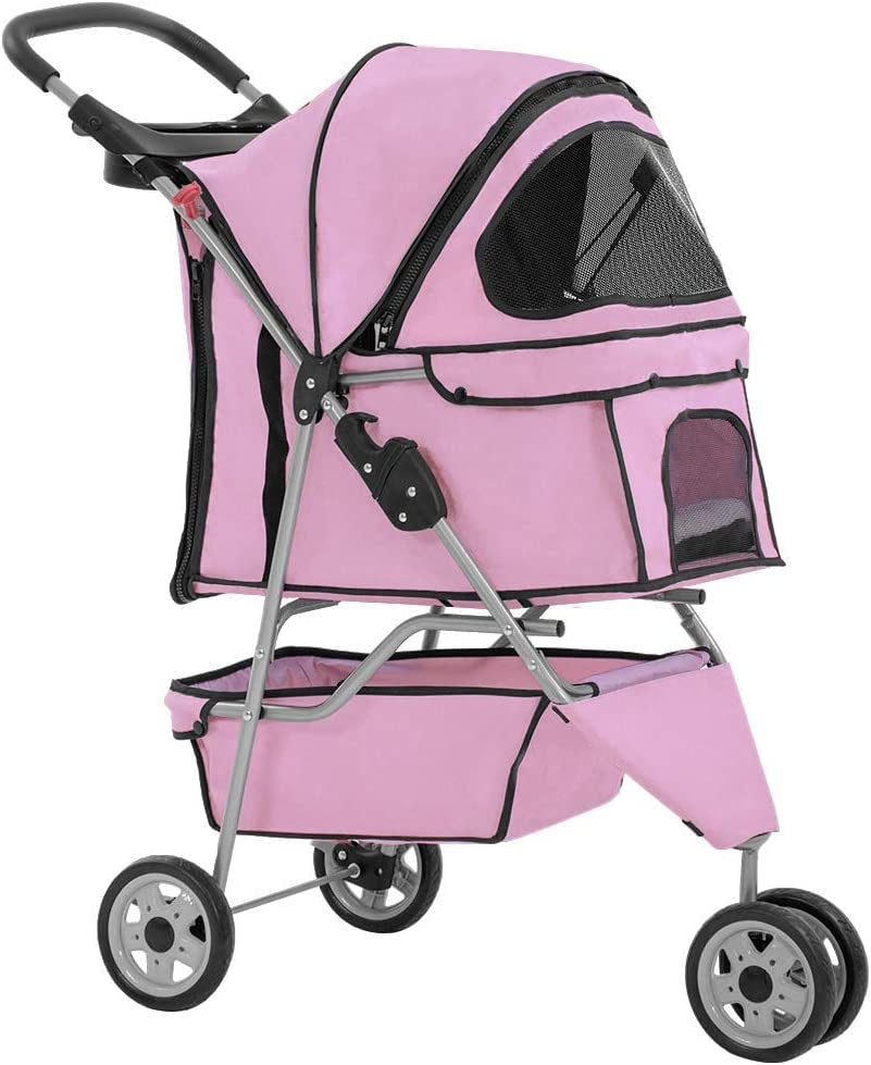 3 Wheels Pet Dog Stroller Cat Cage for Medium Small Dogs Cats Travel Folding Carrier Waterproof Puppy Stroller with Cup Holder & Removable Liner,Pink