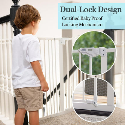 Baby Gate for Stairs and Doorways, 29-39.6" W X 30" H Wide Pressure Mounted Gate, Auto-Close Dual Lock Safety Gate, Metal Pet Gate for Dogs, Easy Walk-Through Design for Home,White