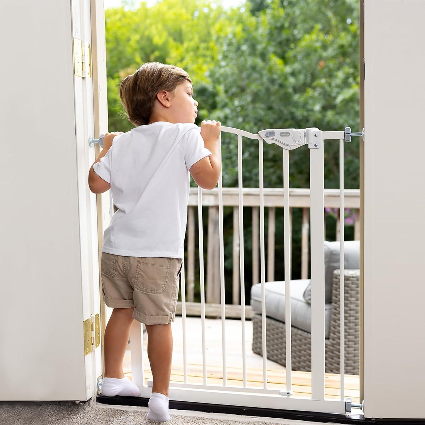 Baby Gate for Stairs and Doorways, 29-39.6" W X 30" H Wide Pressure Mounted Gate, Auto-Close Dual Lock Safety Gate, Metal Pet Gate for Dogs, Easy Walk-Through Design for Home,White