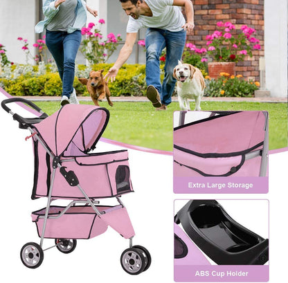 3 Wheels Pet Dog Stroller Cat Cage for Medium Small Dogs Cats Travel Folding Carrier Waterproof Puppy Stroller with Cup Holder & Removable Liner,Pink