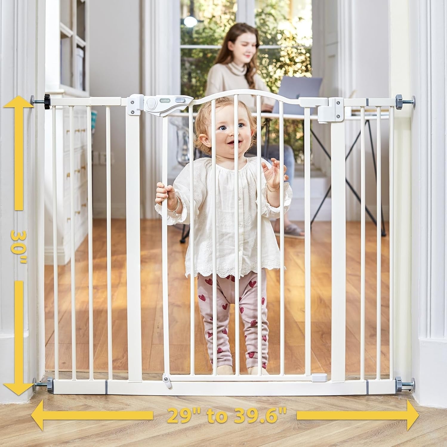 Baby Gate for Stairs and Doorways, 29-39.6" W X 30" H Wide Pressure Mounted Gate, Auto-Close Dual Lock Safety Gate, Metal Pet Gate for Dogs, Easy Walk-Through Design for Home,White